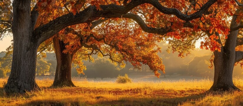 Fall nature landscape featuring oak trees with colorful autumn crowns.