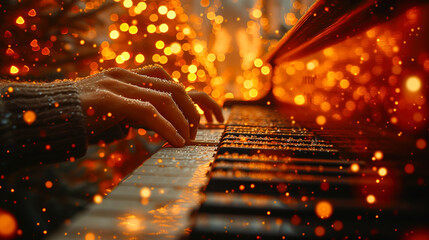 Close-Up Photo of Hands Playing the Piano, With Bokeh Lights in the Background