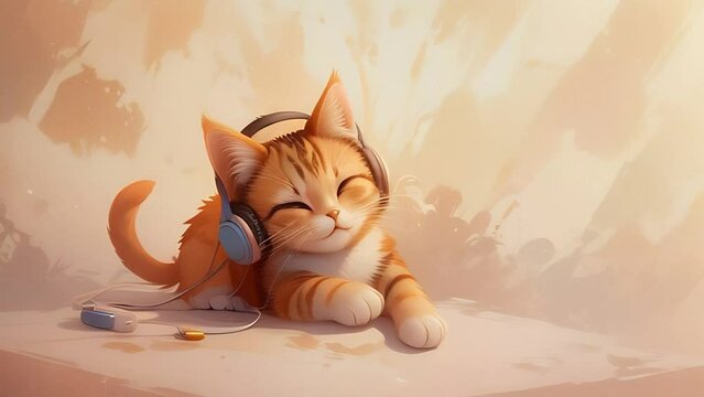 A cartoon cat wearing headphones listens to music. Cute red kitten in big headphones.