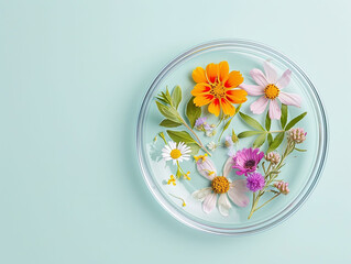 Fototapeta na wymiar Petri dish with flowers. herbal research concept for phytotherapy.