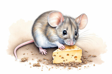 Drawing of a charming mouse eating cheese with crumbs on the ground. Generative AI