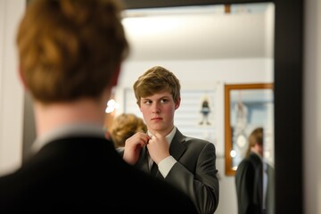 teen adjusting his tie in a mirror before prom