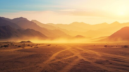 Fototapeta na wymiar Safari and travel to Africa, extreme adventures or science expedition in a stone desert. Sahara desert at sunrise, mountain landscape with dust on skyline, hills and traces of the off-road car.