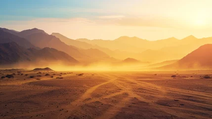 Foto op Plexiglas Safari and travel to Africa, extreme adventures or science expedition in a stone desert. Sahara desert at sunrise, mountain landscape with dust on skyline, hills and traces of the off-road car. © Emil