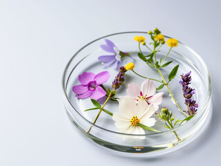 Petri dish with flowers. herbal research concept for phytotherapy.