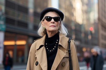 senior woman in sunglasses, trench coat, and beret on city street