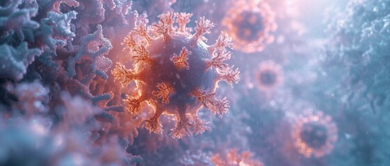Magnified Influenza Virus in Frosty Winter Ambiance, Symbolizing Common Flu Season. Medical background. - obrazy, fototapety, plakaty