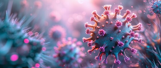 Magnified Influenza Virus in Frosty Winter Ambiance, Symbolizing Common Flu Season. Medical background.