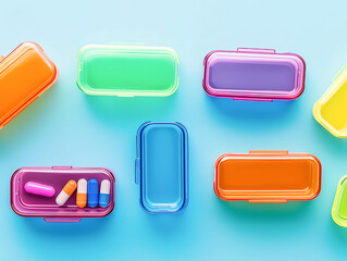 Transparent plastic pill boxes of various colors with pills.