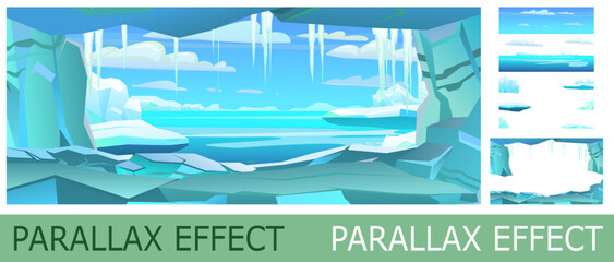 Ice cave. Arctic and Antarctica. Set of slides for parallax effect. Funny cartoon style. Picture vector