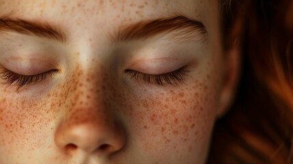 Fototapeta premium close up view of tender girl with freckles on face touching closed eyes