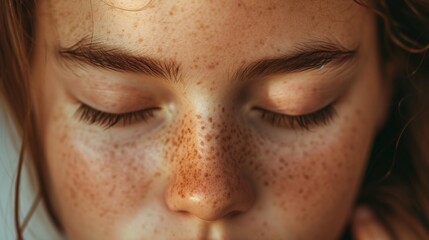 close up view of tender girl with freckles on face touching closed eyes - obrazy, fototapety, plakaty