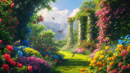Beautiful blooming garden with colorful flowers, columns and tropical birds. Fantastic landscape. Magic paradise.