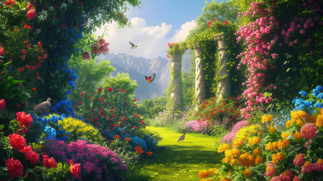 Beautiful blooming garden with colorful flowers, columns and tropical birds. Fantastic landscape. Magic paradise.