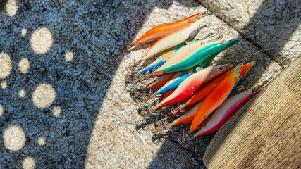 A collection of colorful fishing lures casting shadows on a textured surface in sunlight, denoting...