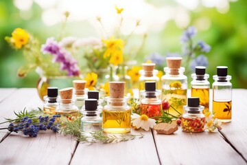 assortment of essential oils in clear bottles on wooden table
