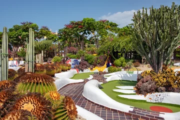 Foto auf Acrylglas Spectacular green xeriscape garden, beautiful outdoor green space surrounding a mini golf area, featuring a large variety of tropical flora: cacti, succulents, drought-tolerant shrubs and perennials © Ana