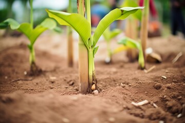 young banana plants being planted in prepared soil