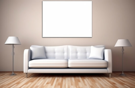Stylish living room adorned with an abstract frame poster, featuring modern interior design, accompanied by a 3D render and illustration. Made with generative AI technology