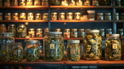 Assorted Dried Cannabis Buds, Leaves and products in Jars on Shelves.
A collection of labeled cannabis jars neatly arranged on wooden shelves.