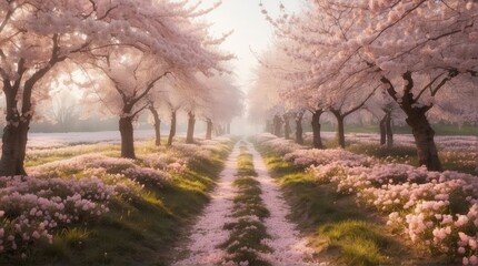 cherry blossom orchard, trees, pathway, photography backdrop, wedding backdrop, photoshop overlay, - obrazy, fototapety, plakaty