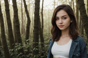 Portrait of a cool-looking woman wearing a tank top and jacket hiking in the forest with copy space.