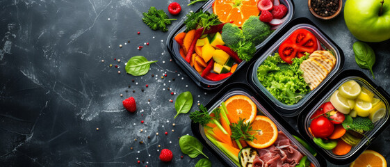 Healthy meal prep containers with a colorful variety of fruits and vegetables