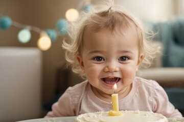 Portrait of happy baby girl with birthday cake on decorated room. First birthday party. Minimalism. AI generated. 