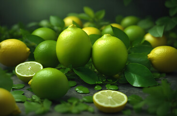 Fresh Juicy half and whole Green & Yellow lemon With Leaves