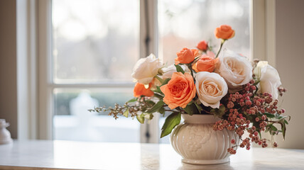 Floral arrangement with winter, autumn or early spring botanical plants and flowers