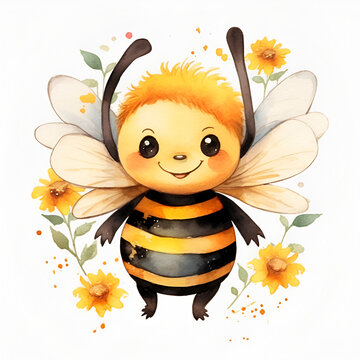 Cute Bee Watercolor Clipart, Ai Generative