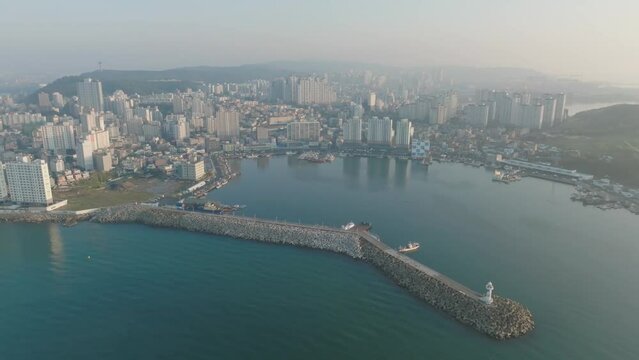 Aerial video of Ulsan sea cityscape, South Korea