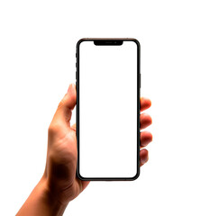 male hand holding a smartphone with a white screen on a white background