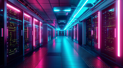 Futuristic data center with rows of servers and vibrant neon pink and blue lighting, concepts of technology, cybersecurity, and modern infrastructure - obrazy, fototapety, plakaty