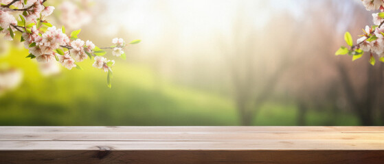 Naklejka na ściany i meble Wooden table spring nature bokeh background, empty wood desk product display mockup with green park sunny blurry abstract garden backdrop landscape ads showcase presentation. Mock up, copy space .