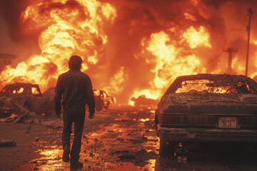 1980s action hero walks unwaveringly with an explosion behind him - obrazy, fototapety, plakaty