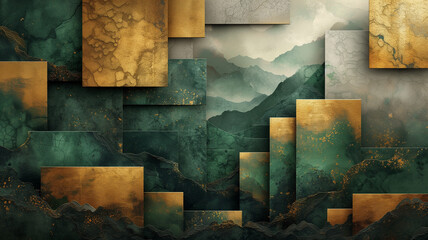 Golden and Green Textured Blocks Overlapping, Revealing a Mysterious Mountain Landscape