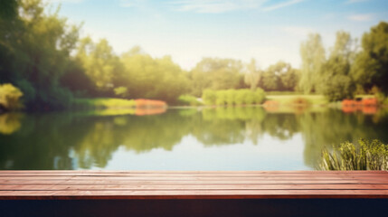 Wooden table spring nature bokeh background, empty wood desk product display mockup with green park sunny blurry abstract garden backdrop landscape ads showcase presentation. Mock up, copy space .