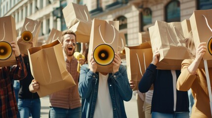 An outraged and disappointed crowd of anonymous adults donning shopping bags as disguises on their heads passionately protests. Armed with megaphones and loudspeakers, they vocalize their demands for 
