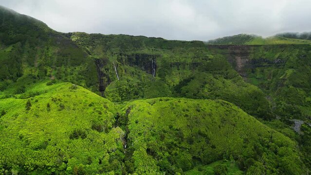 Drone fly over Poco da Ribeira on cloudy day in F Island, azores archipelago