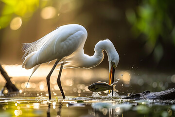 Egret catching fish and eating fish in the water