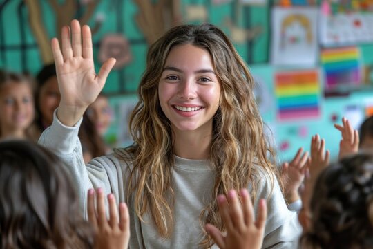 In a cheerful kindergarten classroom, a young teacher gives high-fives to children, fostering happiness and learning.