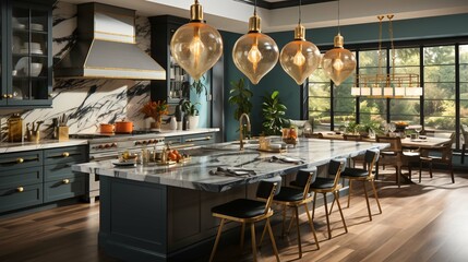 Stylish kitchen interior with bar island and stool, side view on grey concrete floor. Kitchenware and decoration, cooking area with panoramic window on tropics. 3D rendering