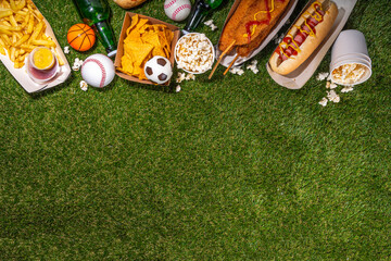 Traditional sport stadium foods and beer background