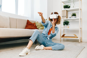 Virtual Reality Bliss: A Joyful Woman at Home, Smiling, Playing a Futuristic VR Game on the Sofa.