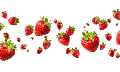 Strawberries falling in air, Healthy organic berry natural ingredients concept, Empty space in studio shot isolated on white background long banner