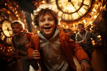 Fototapeta na wymiar happy smiling boy runs through the night city against the backdrop of a large clock. The boys run away. Children grow up quickly. Life flies fast