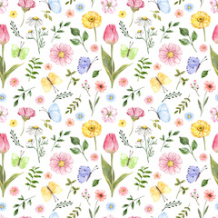 A watercolor floral seamless pattern featuring cute spring meadow flowers, green foliage, and butterflies on a white background. Botanical wallpaper. - 725403019