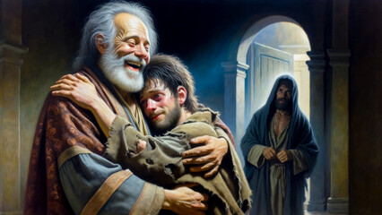 Naklejka premium Embracing Unconditional Love, Mercy, Forgiveness, and Reconciliation: The Father's Heart in the Prodigal Son's Return in Bible Parable - A Father's Joy, a Brother's Envy, Jealousy, and Bitterness.