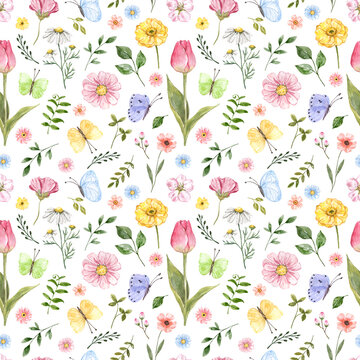 A watercolor floral seamless pattern featuring cute spring meadow flowers, green foliage, and butterflies on a white background. Botanical wallpaper.